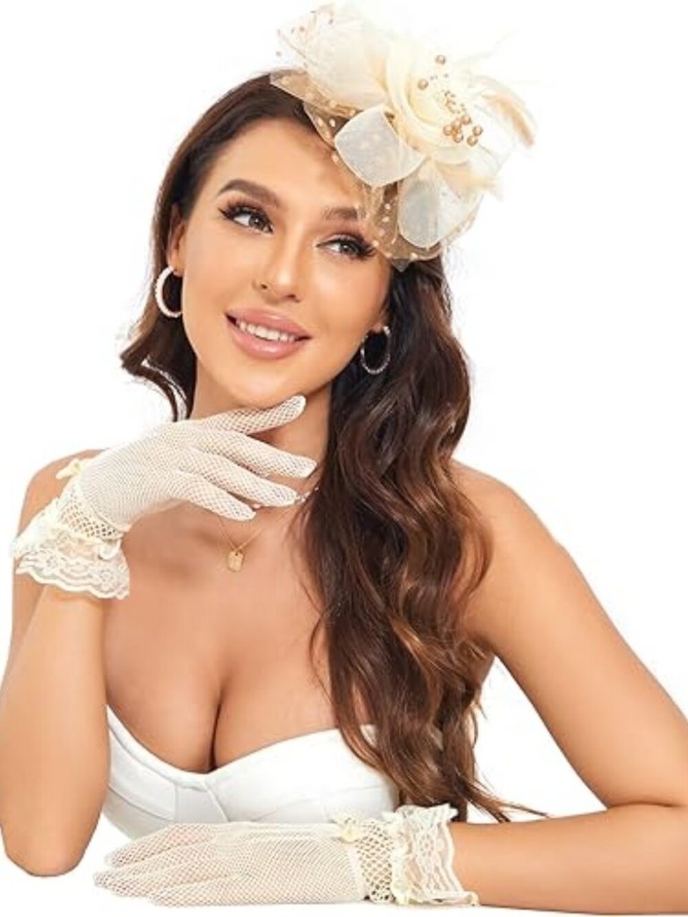 Wedding Cocktail Tea Party Hat Clip Fascinator with Lace Bow Gloves Set